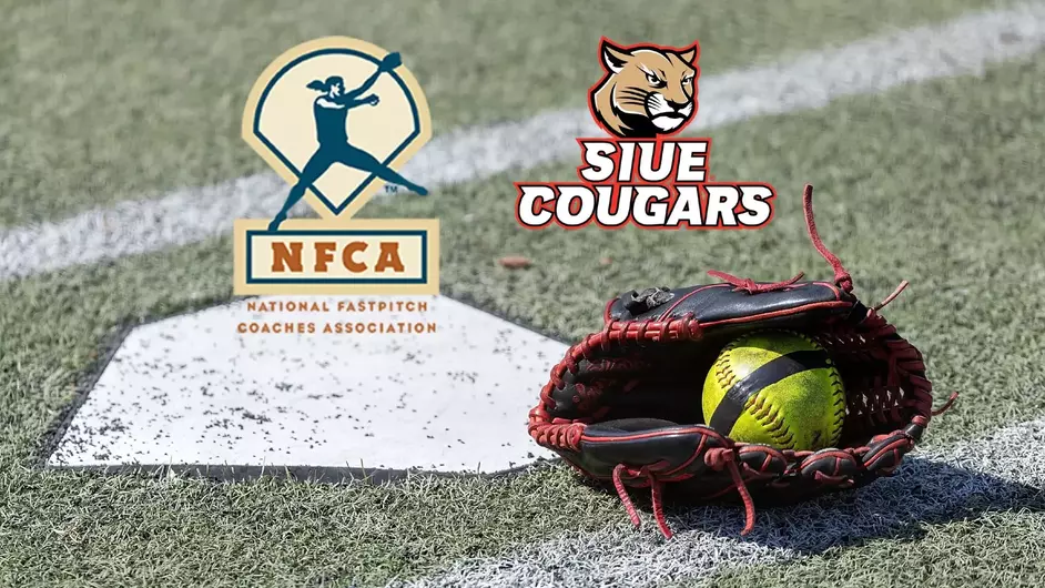 Graphic of a closeup of a softball field at home base with green grass and logos for SIUE Cougars and NFCA. There is a black softball glove and chartreuse ball next to the base plate.