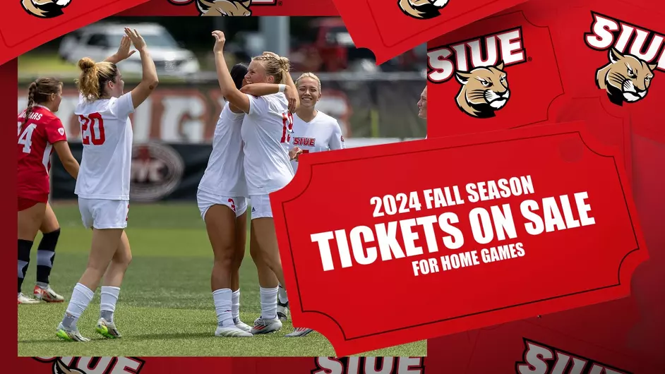 Graphic of five women's soccer players on a pitch surrounded by ticket stubs with the SIUE Cougars logo that read "2024 Fall Season Tickets on Sale For Home Games"