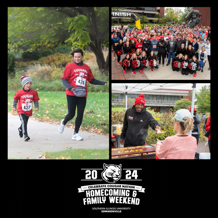 composite of three photos of the cougars unleashed race from 2023. Runners are in front of the cougar statue with the dance team and their pompoms, dressed for colder weather