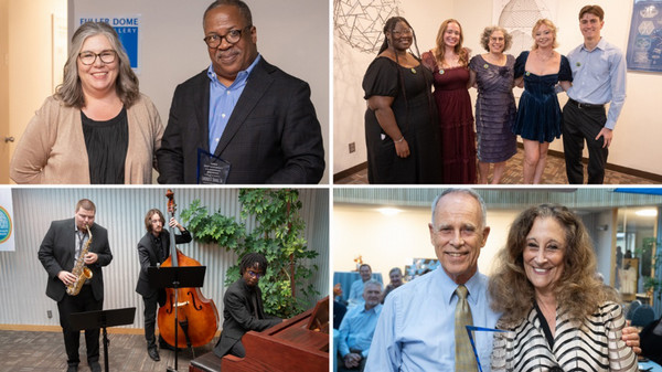 Four photos in the format of a collage that show couplings of award winners and their presenters and grouping of students and trio of musicians