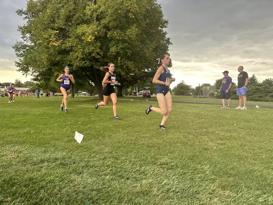 Four runners on level grass at a Cross Country meet on a dramatically cloudy, almost storm-like day. An elm tree in the background. Their hair is pulled back in braids and they are equally spaced a few seconds apart from each other in time.