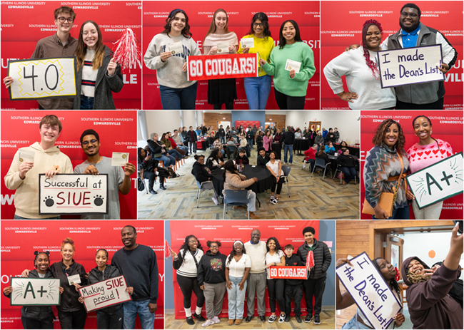 Collage of photos with students holding congratulatory signs