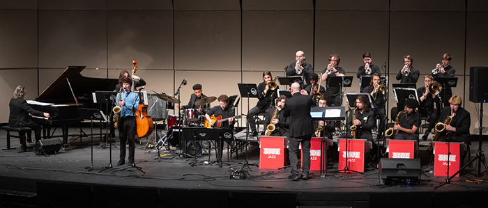 The SIUE Concert Jazz band performing on stage at Katherine Dunham Theater 